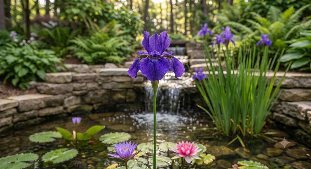 Blue iris blooming at the edge of a stone-framed garden pond with waterfall