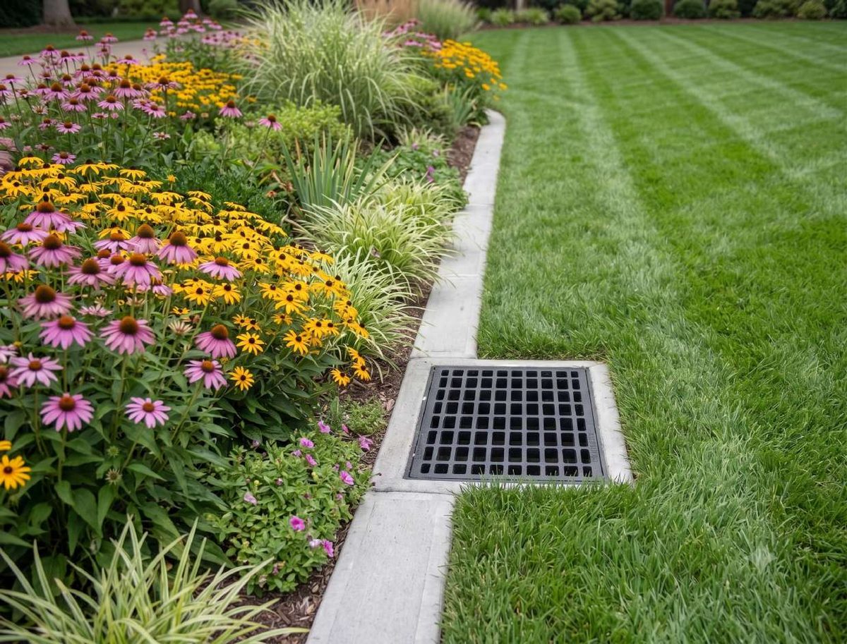 Perennial bed of coneflowers and black-eyed Susans beside a lawn drain and concrete edging