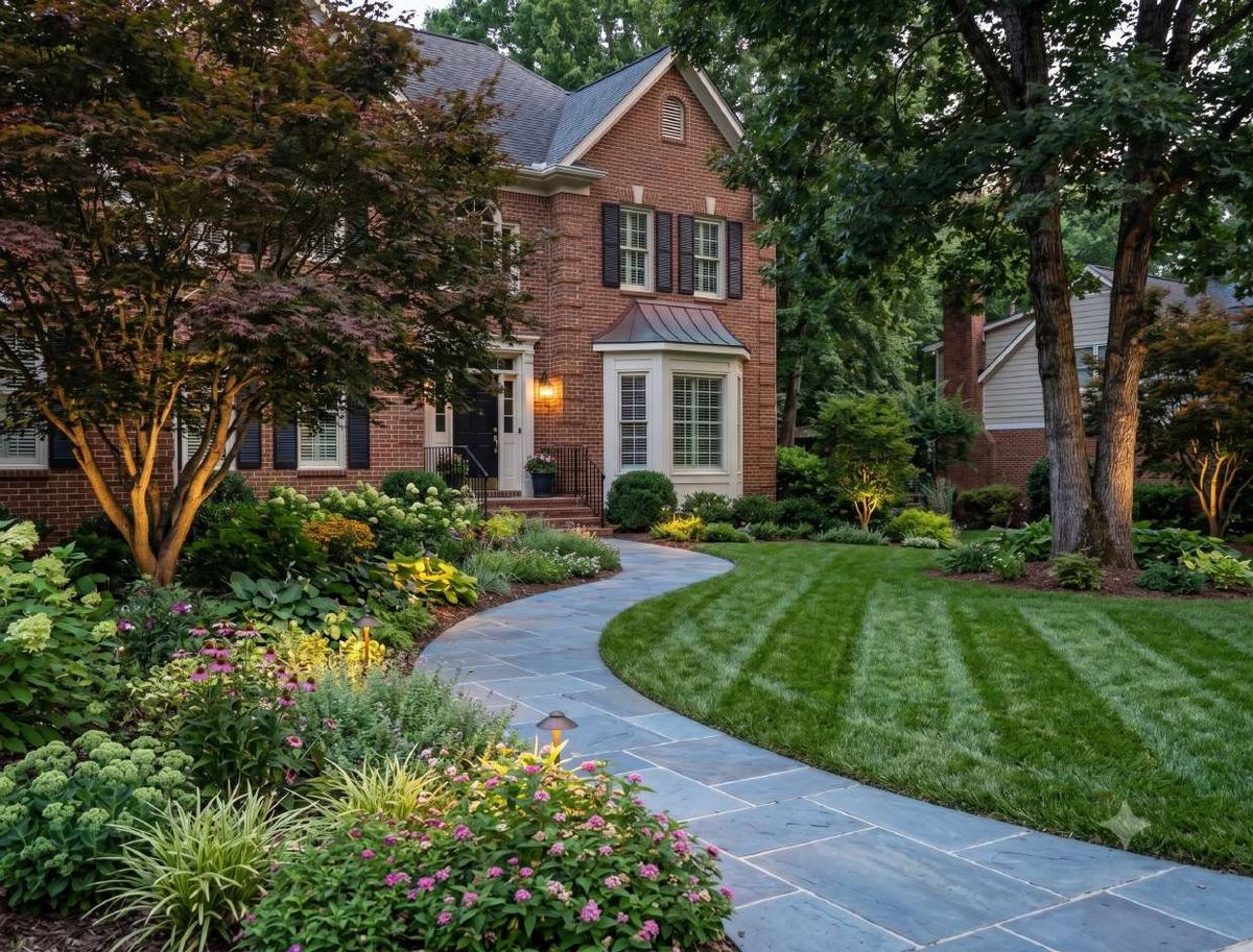 Two-story brick home with curved bluestone walkway, layered foundation plantings and striped lawn