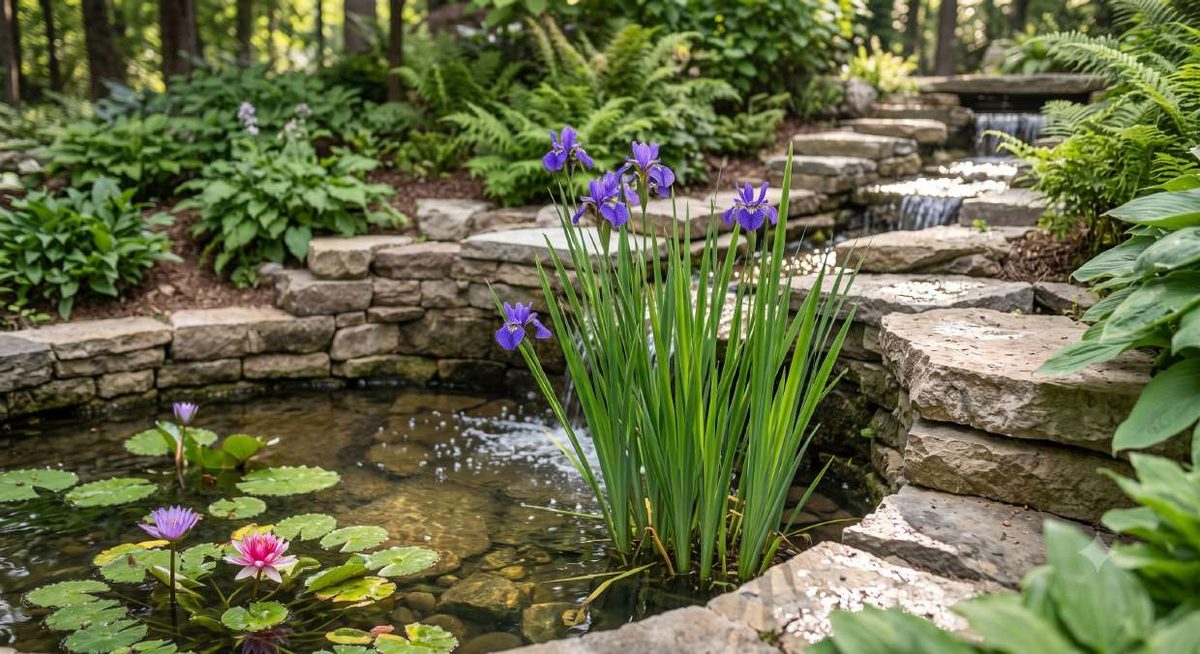 Backyard pond with water lilies and blue iris framed by stacked stone walls