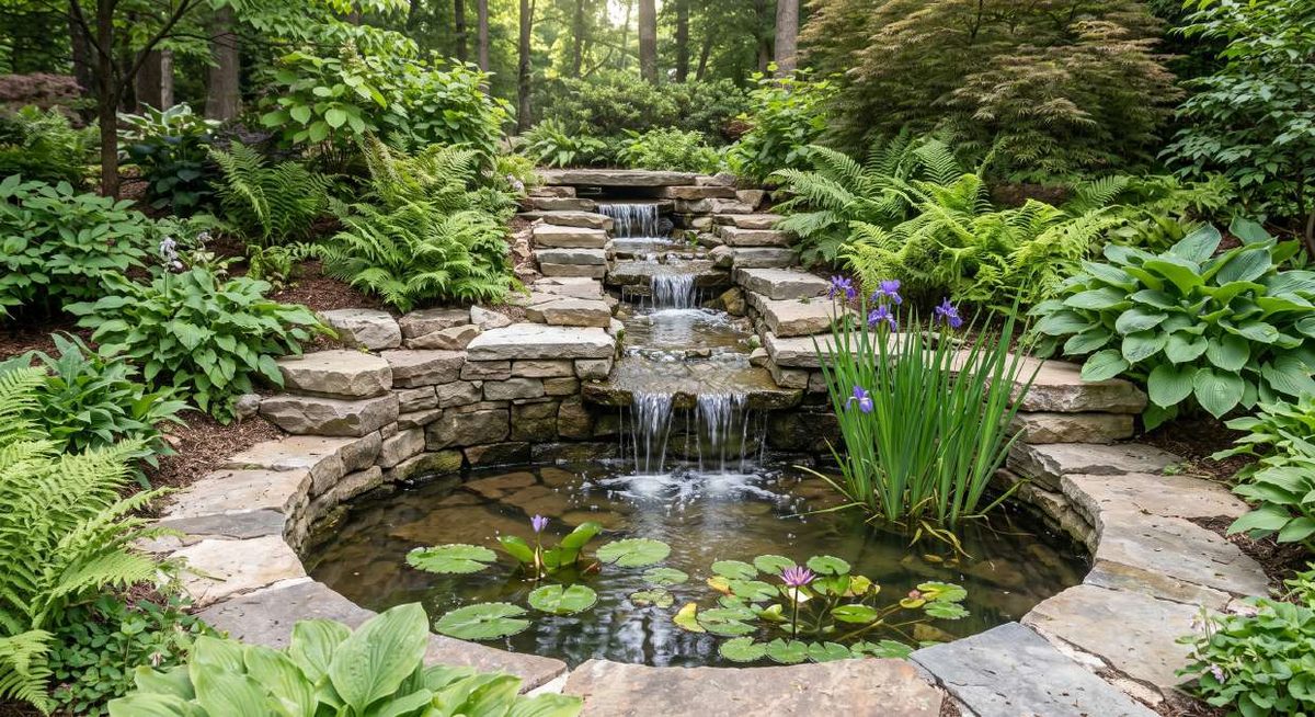 Tiered natural stone waterfall feeding a backyard pond surrounded by ferns and hostas